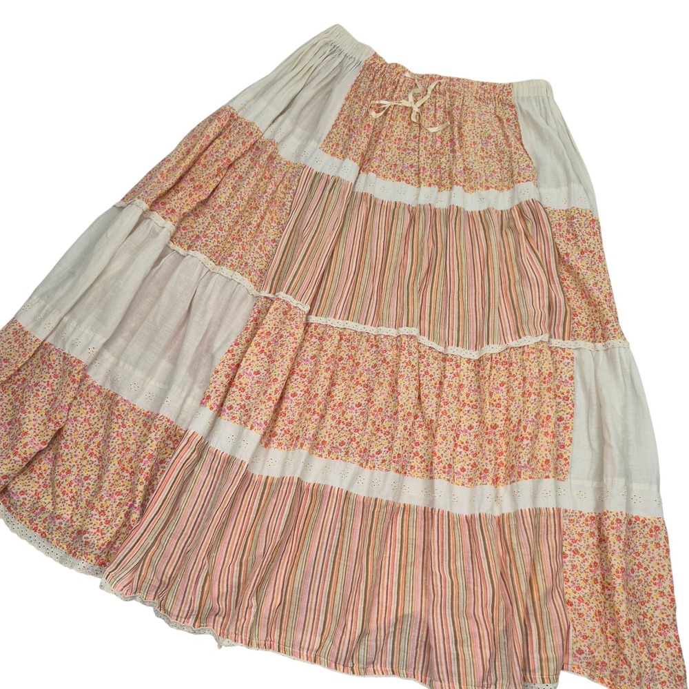Prairie Peasant Patchwork Floral Peasant Tiered Maxi Skirt L Cotton St Johns Bay